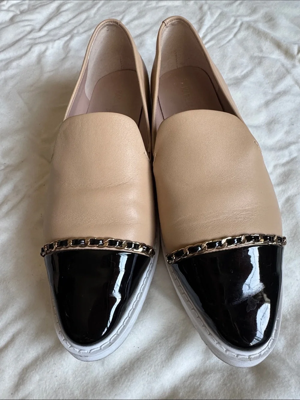 Karl Lagerfeld Beige and Black Chain-Trim Slip-On Loafers